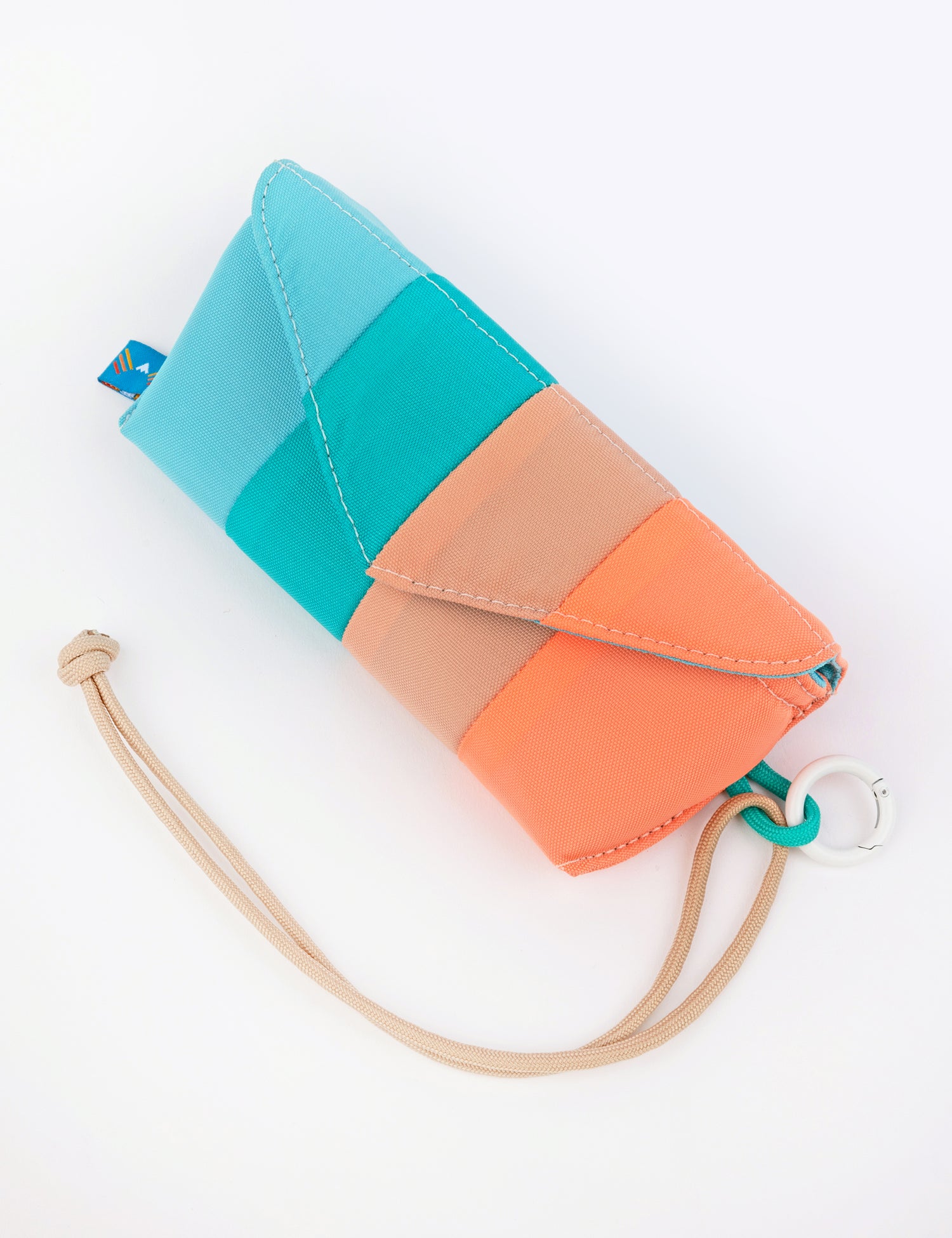 rectangular sunglasses case with light blues and corals stripe design