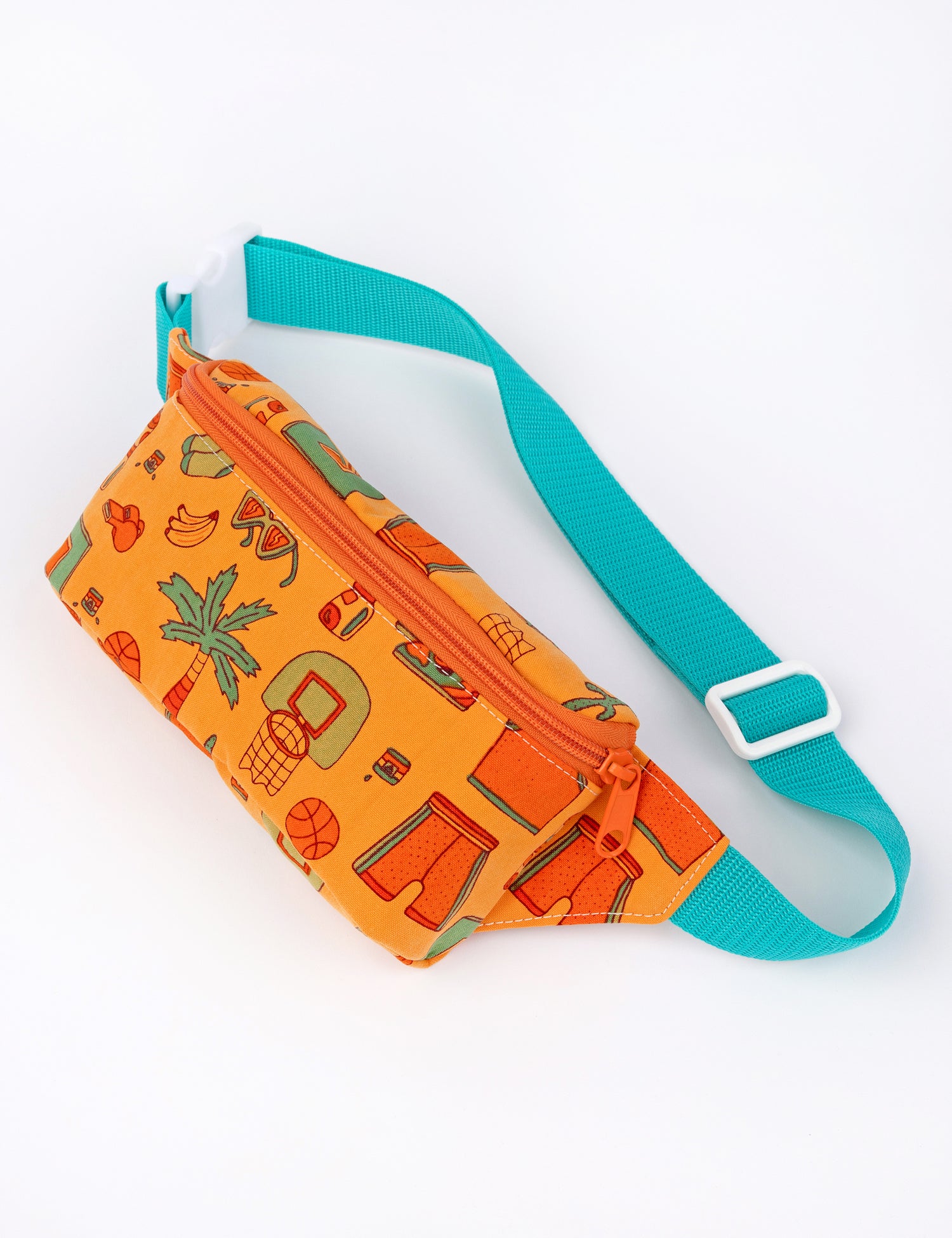 small orange fanny pack with basketball summer designs and blue strap