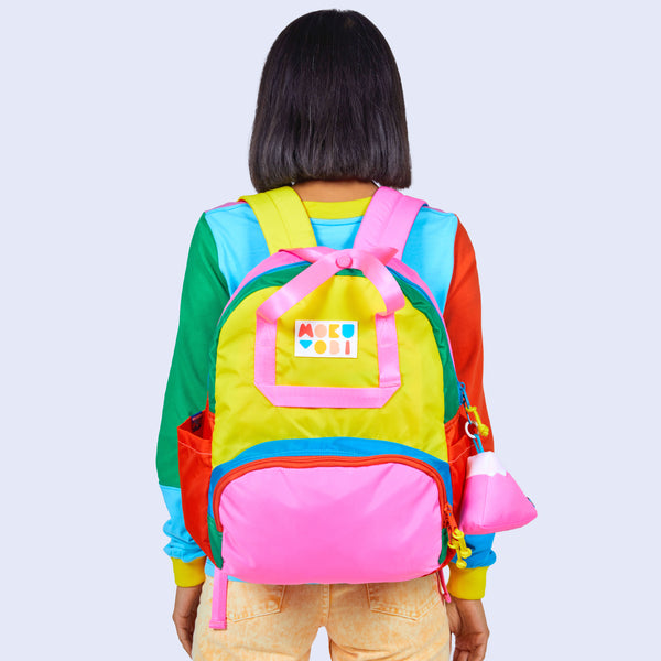 Colorblock Yellow and Green Large Kids Backpack with Side Pockets