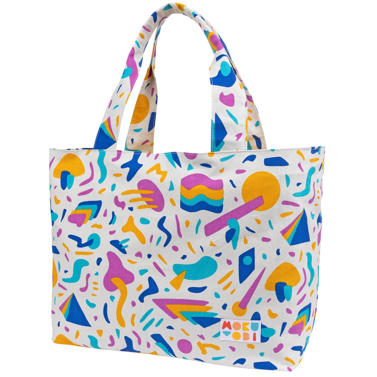 Large tote bag with all over colorful patterns
