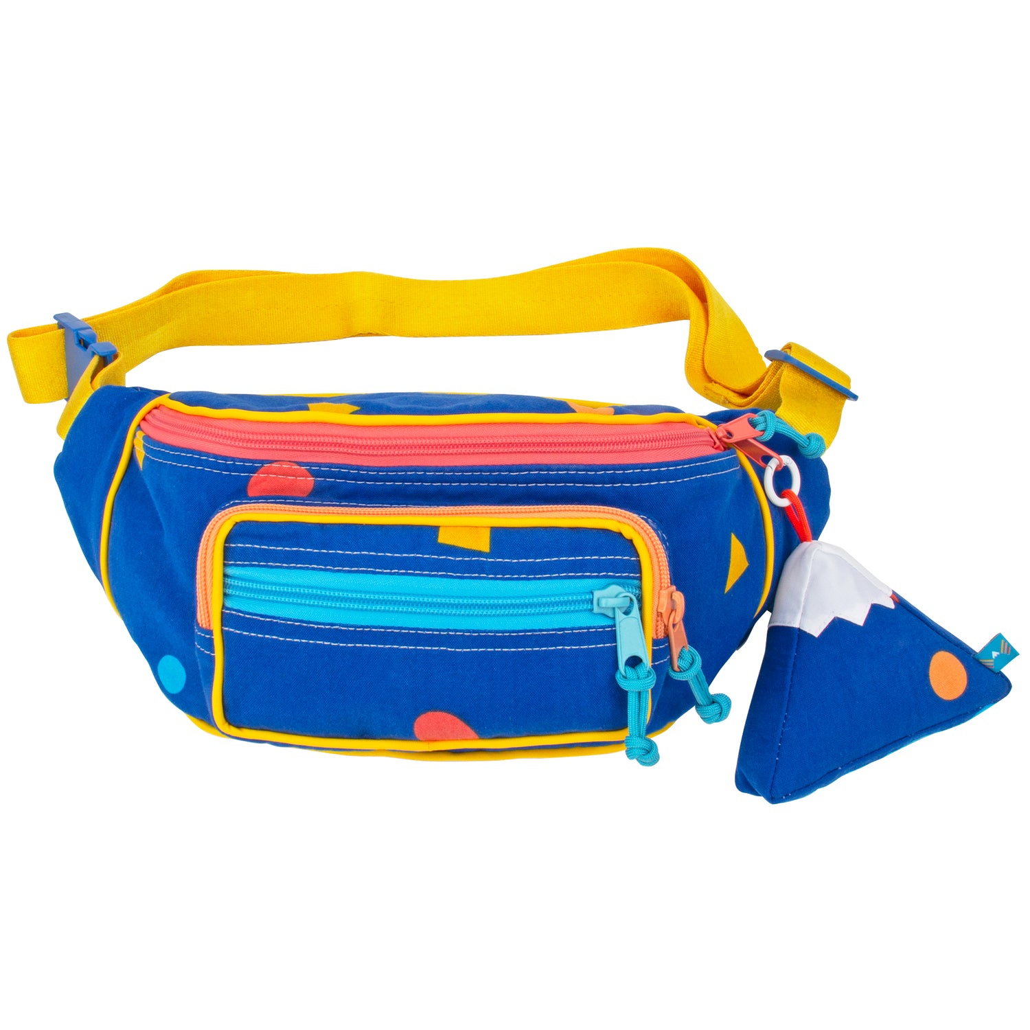 Large fanny pack sling in mostly blue with colorful designs with a mountain design keychain