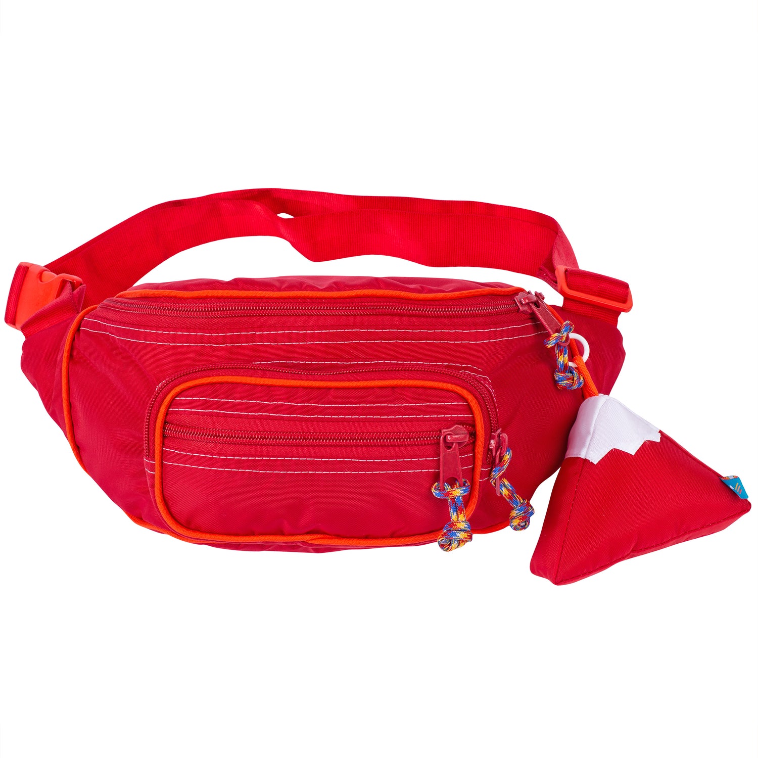 Large fanny pack sling in a red color with a mountain design keychain