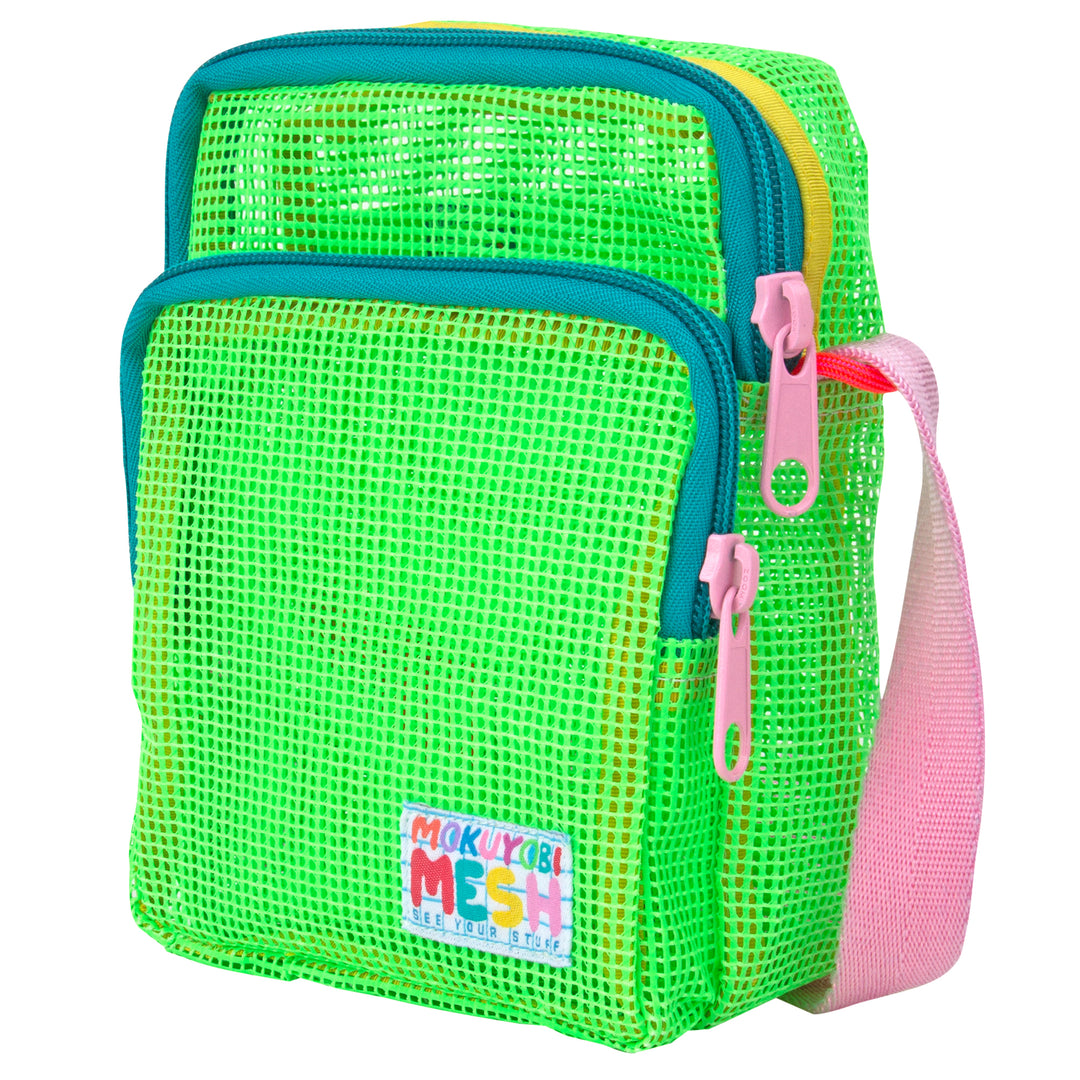 colorful mesh crossbody bag with zipper pockets