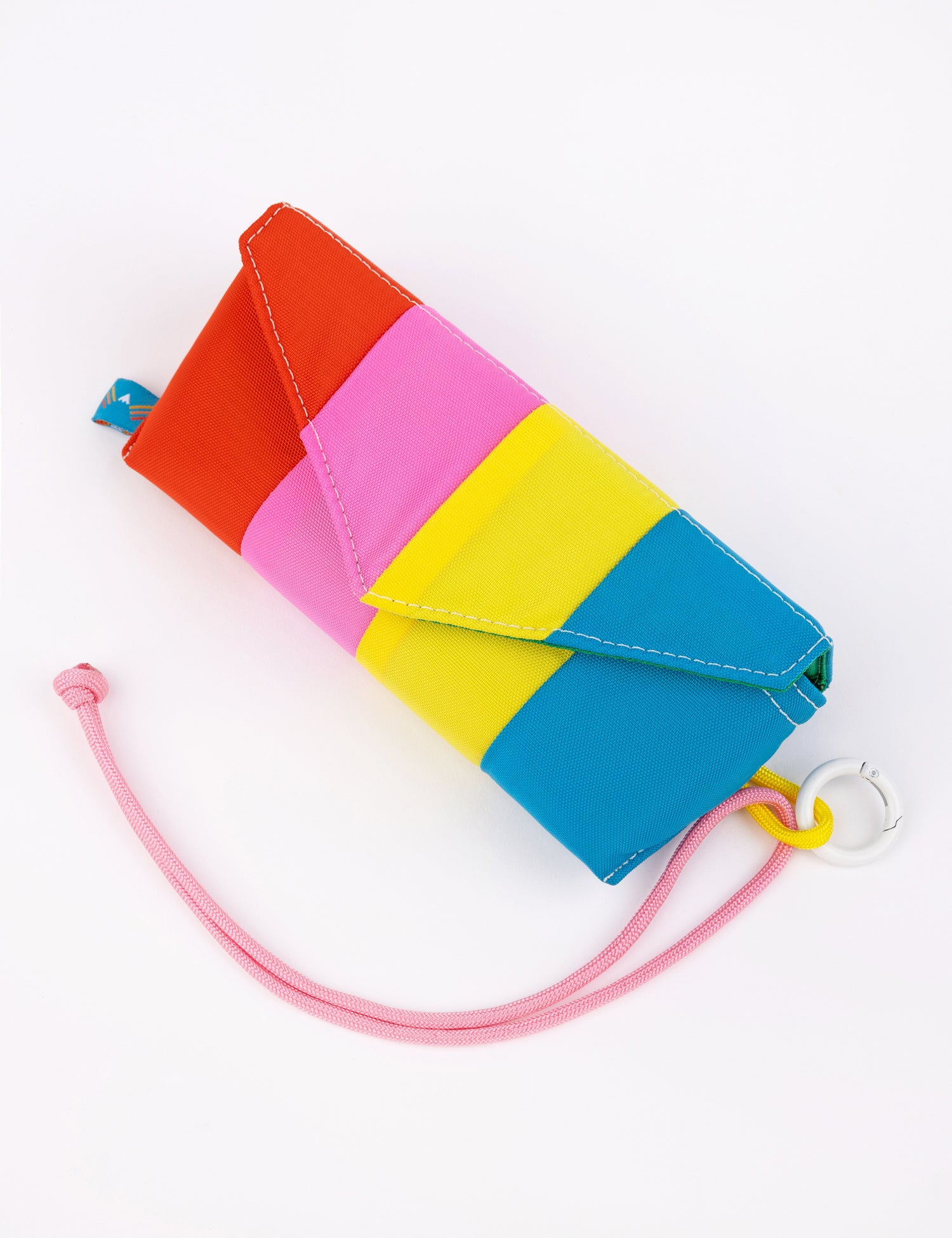 rectangular sunglasses case with red pink yellow and blue stripe design