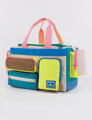 camp bag with multiple pockets and straps in multiple colors