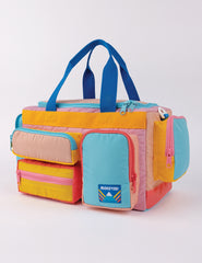 camp bag with multiple pockets and straps in multiple colors
