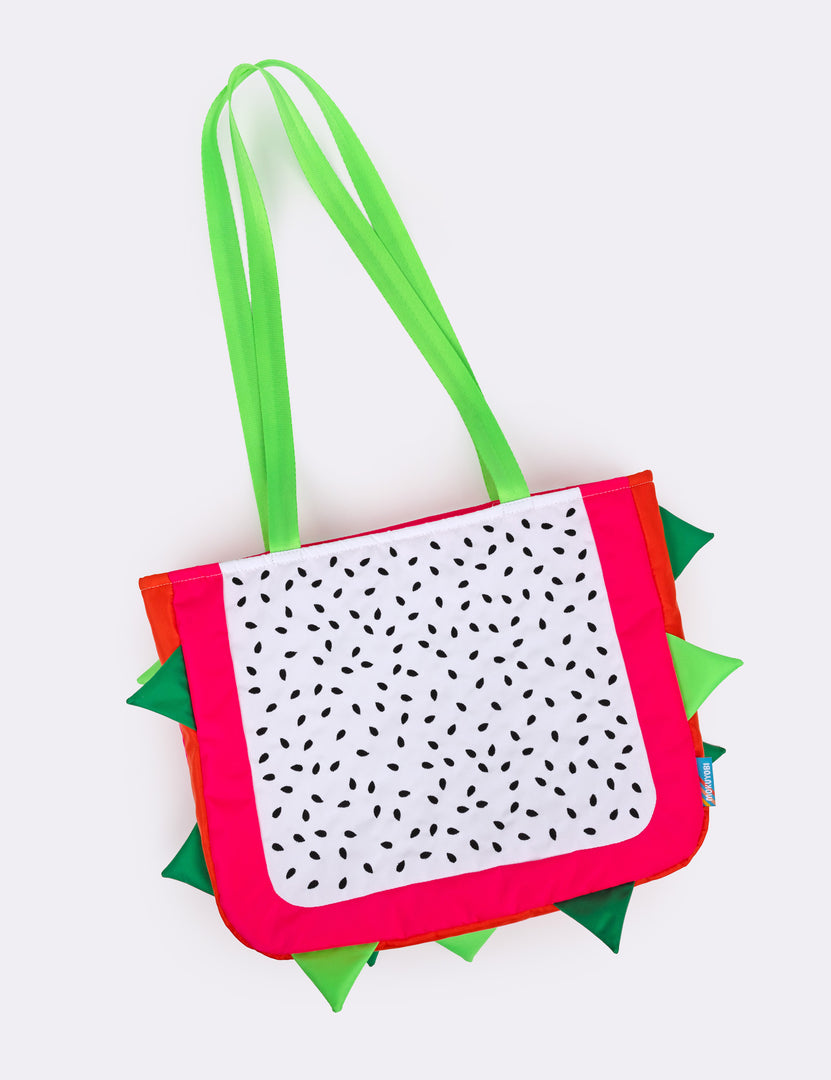 Entire picture of a tote bag in the shape of a dragon fruit