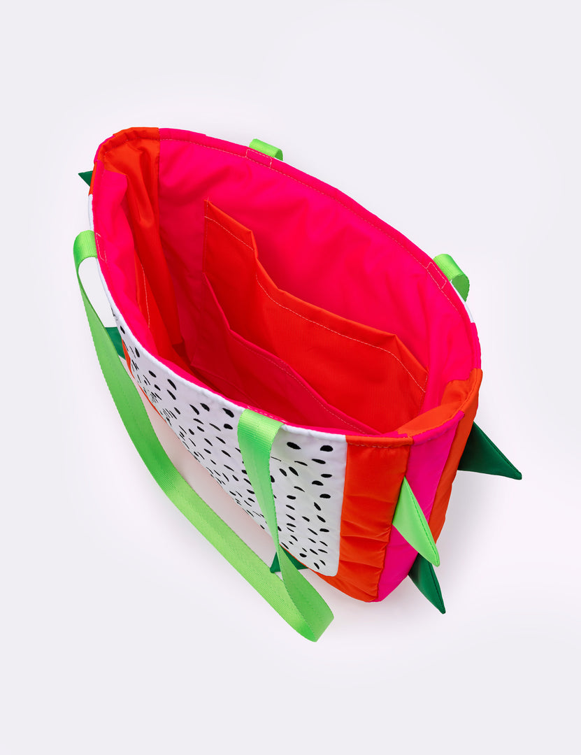 Inside view of a tote bag in the shape of a dragon fruit