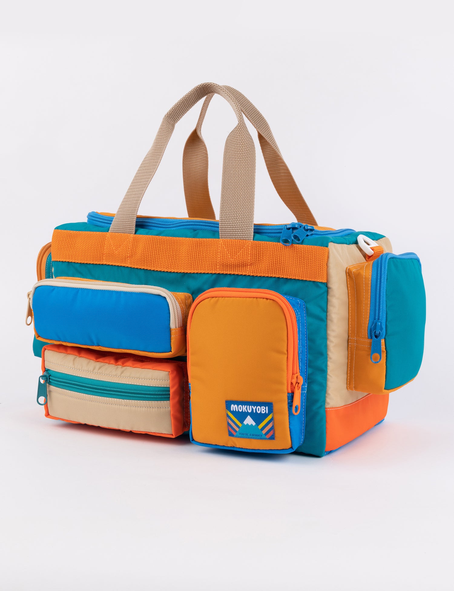 camp bag with multiple pockets and straps in multiple colors