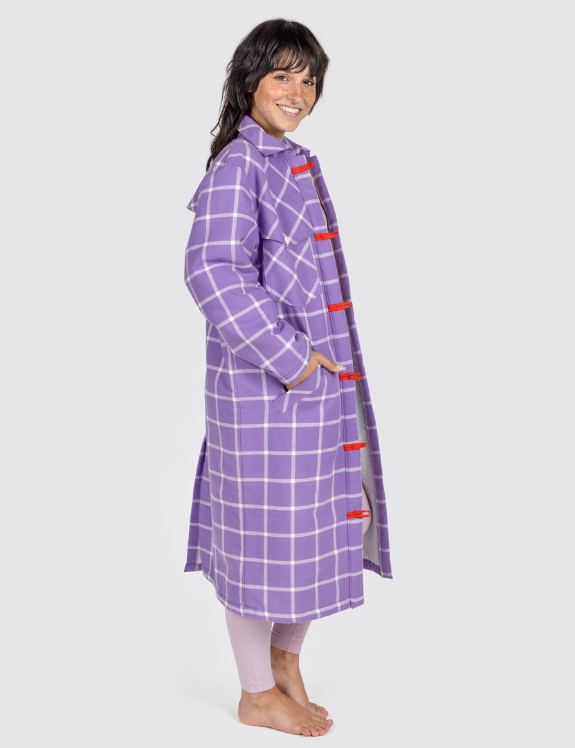 Woman wearing grid duster jacket