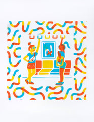 a white bandana with color squiggles and a center design