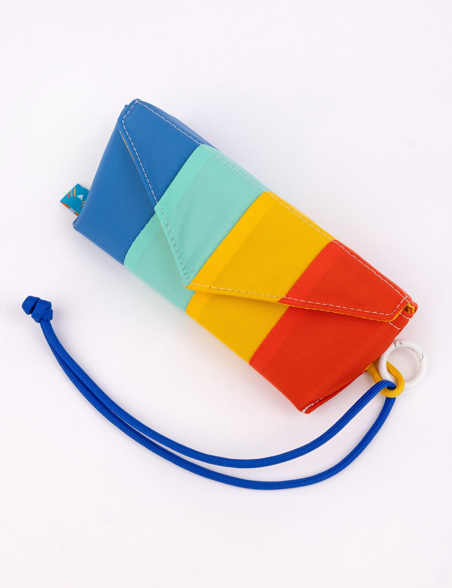 rectangular sunglasses case with red yellow teal and blue stripe design