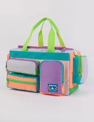 camp bag with multiple pockets and straps in multiple colors