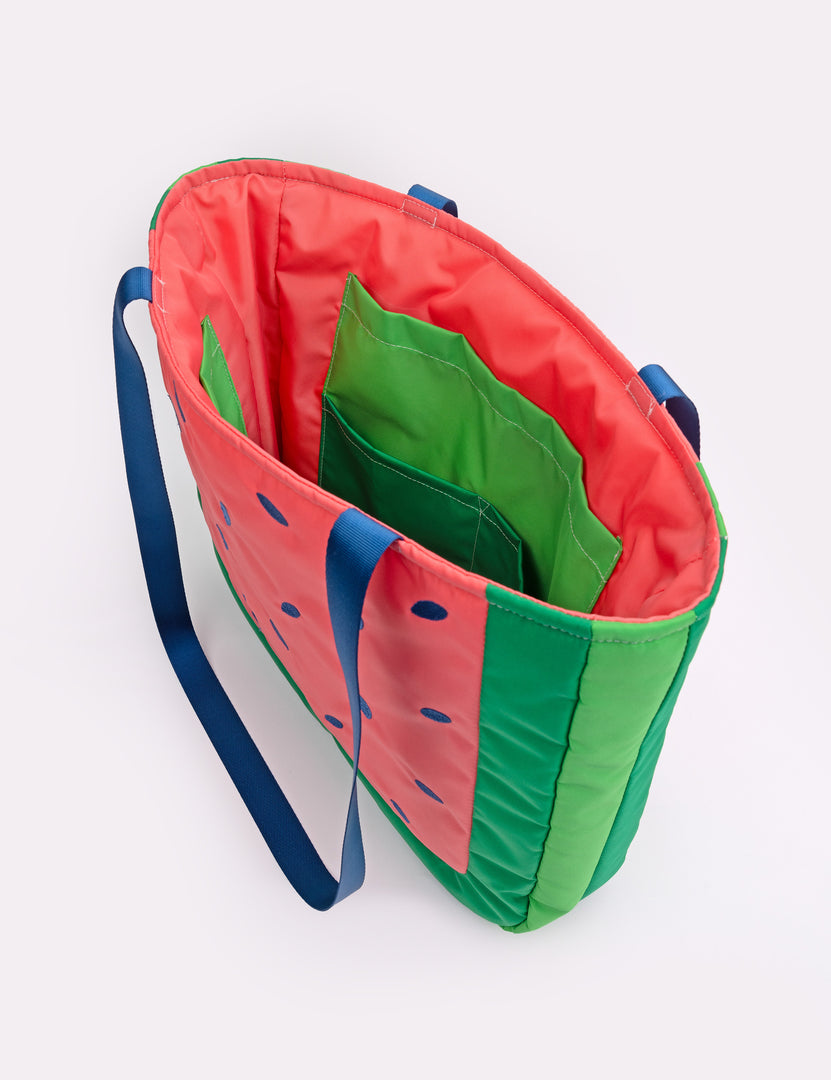 Inside view of a tote bag in the shape of a watermelon