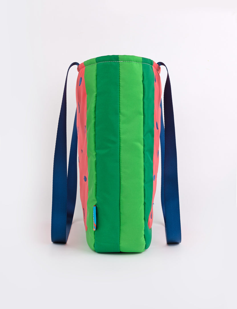 Side view of a tote bag in the shape of a watermelon