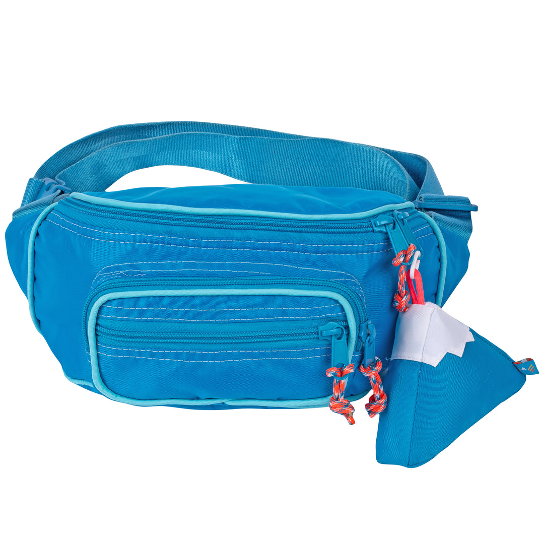Large fanny pack sling in a blue color with a mountain design keychain