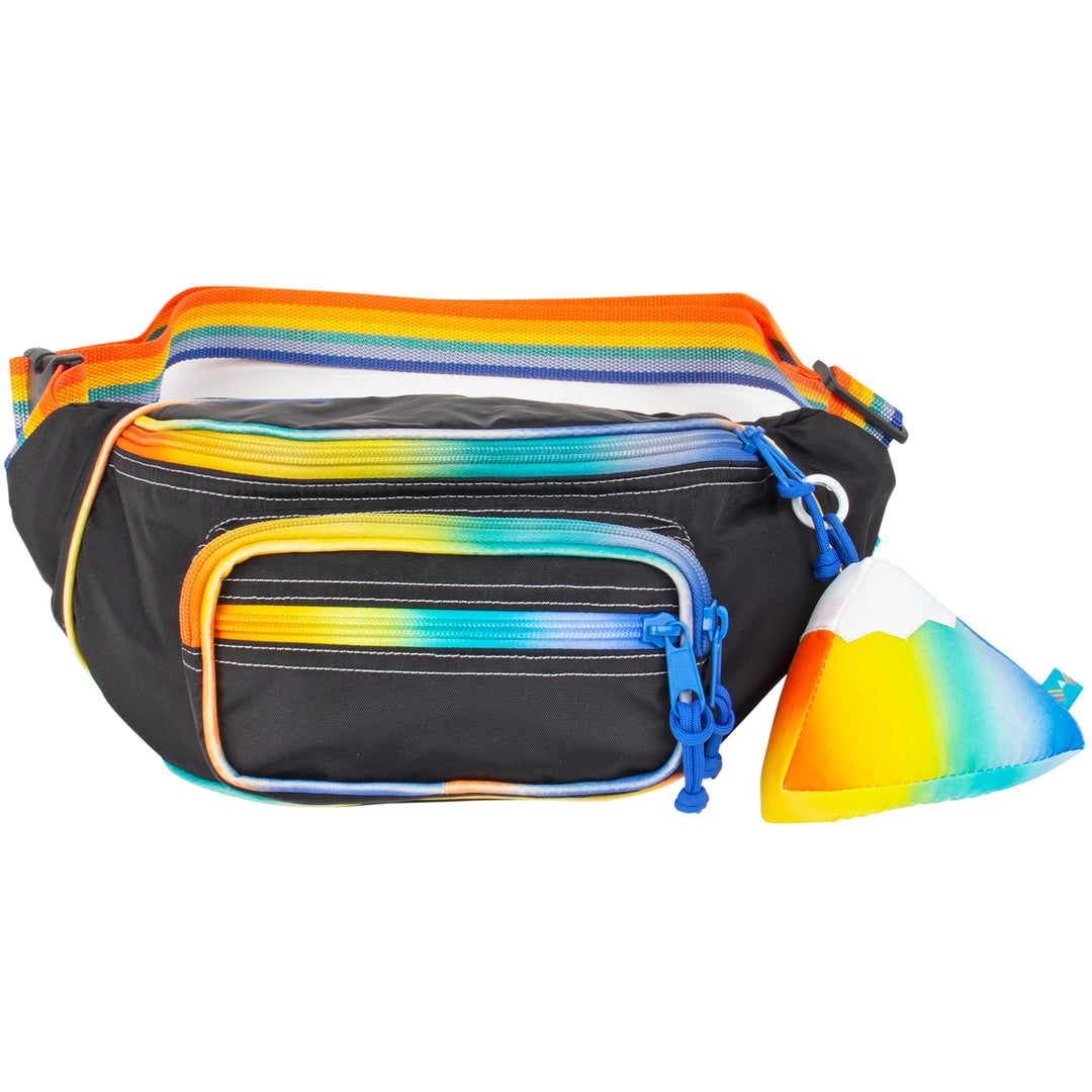 Large fanny pack sling in black and rainbow color with a mountain design keychain