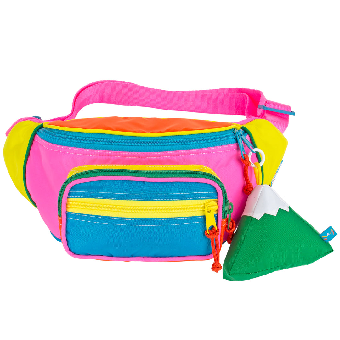 Large fanny pack sling in multiple colors with a mountain design keychain