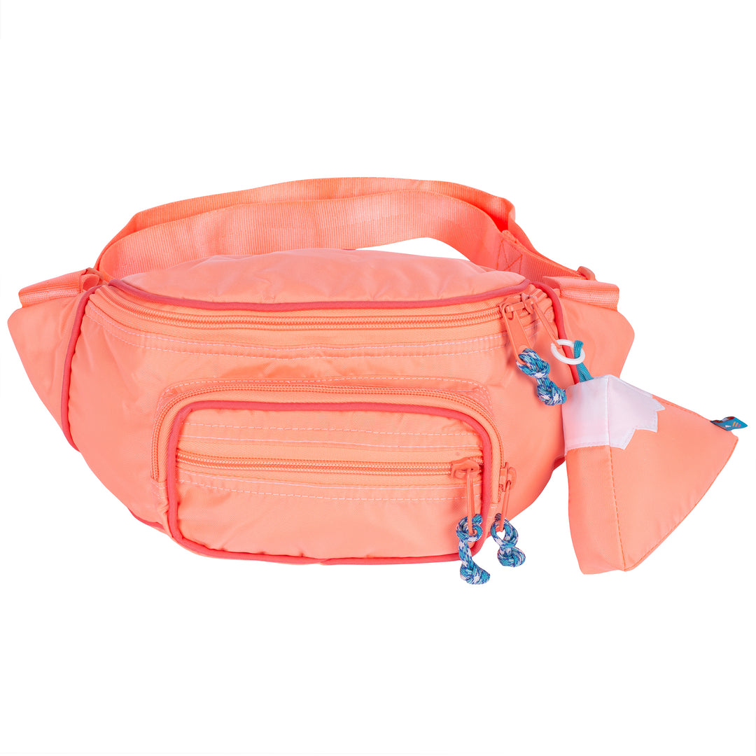 Large fanny pack sling in a coral color with a mountain design keychain