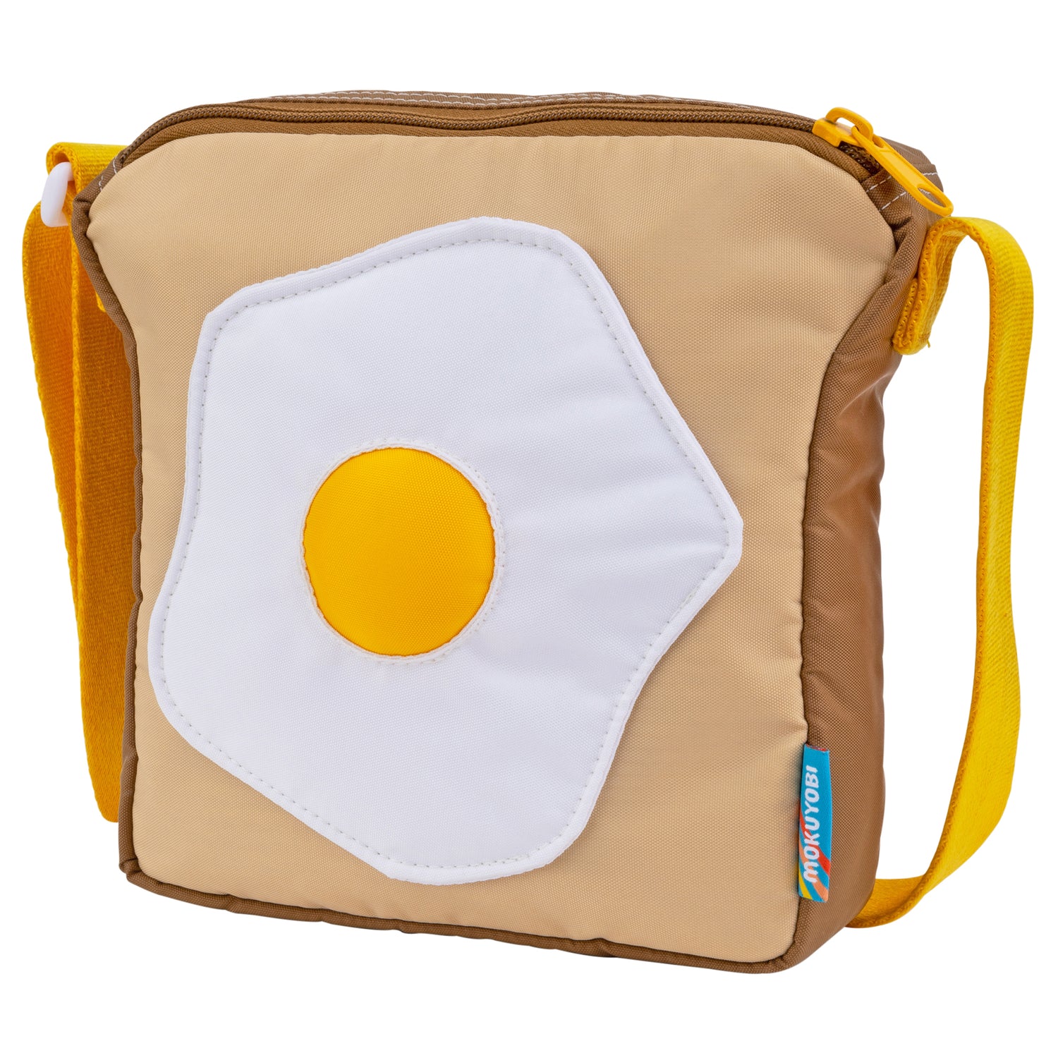 crossbody bag in the shape of toast with an egg and pocket with zipper.