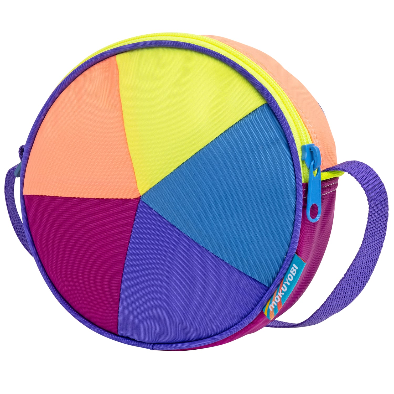 A colorful circular purse with zipper