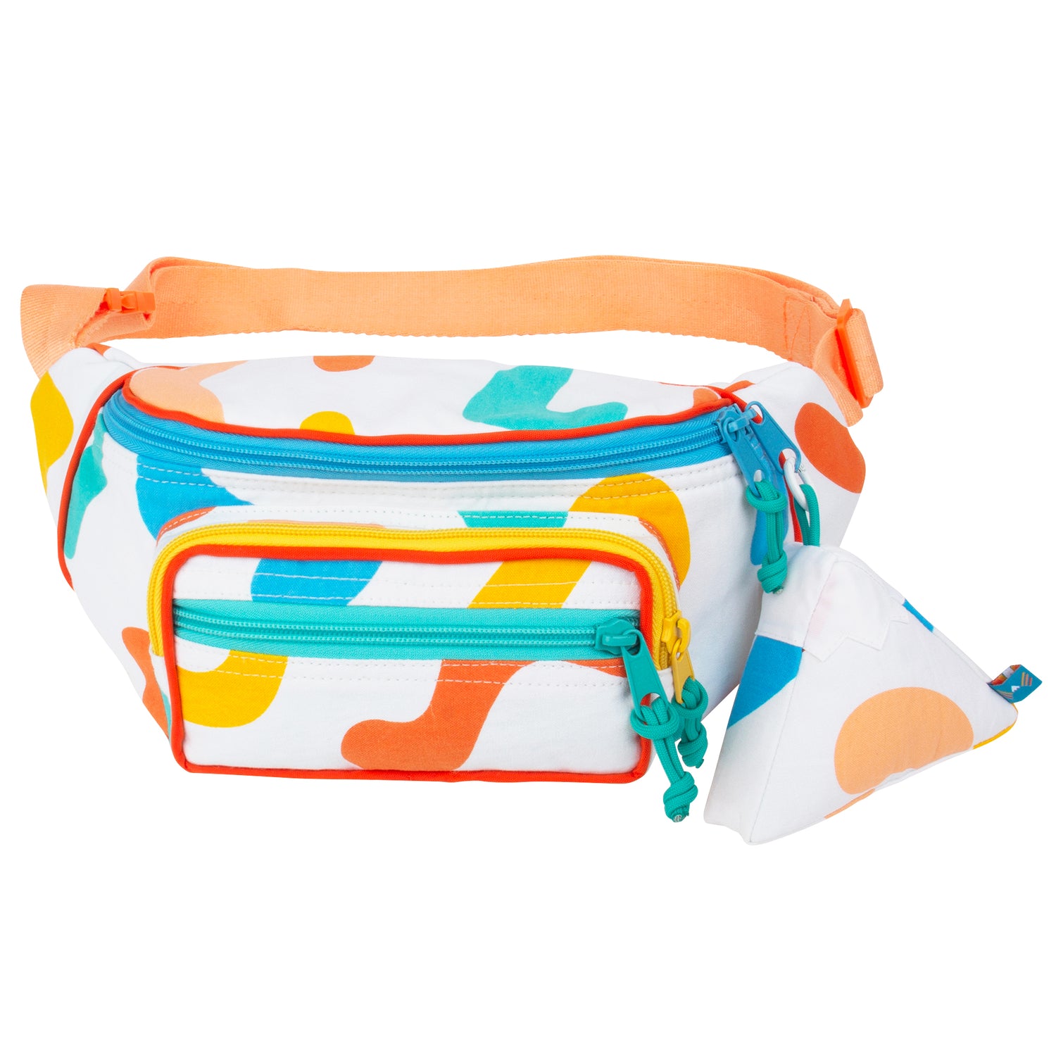 Large fanny pack sling in mostly white with colorful designs with a mountain design keychain