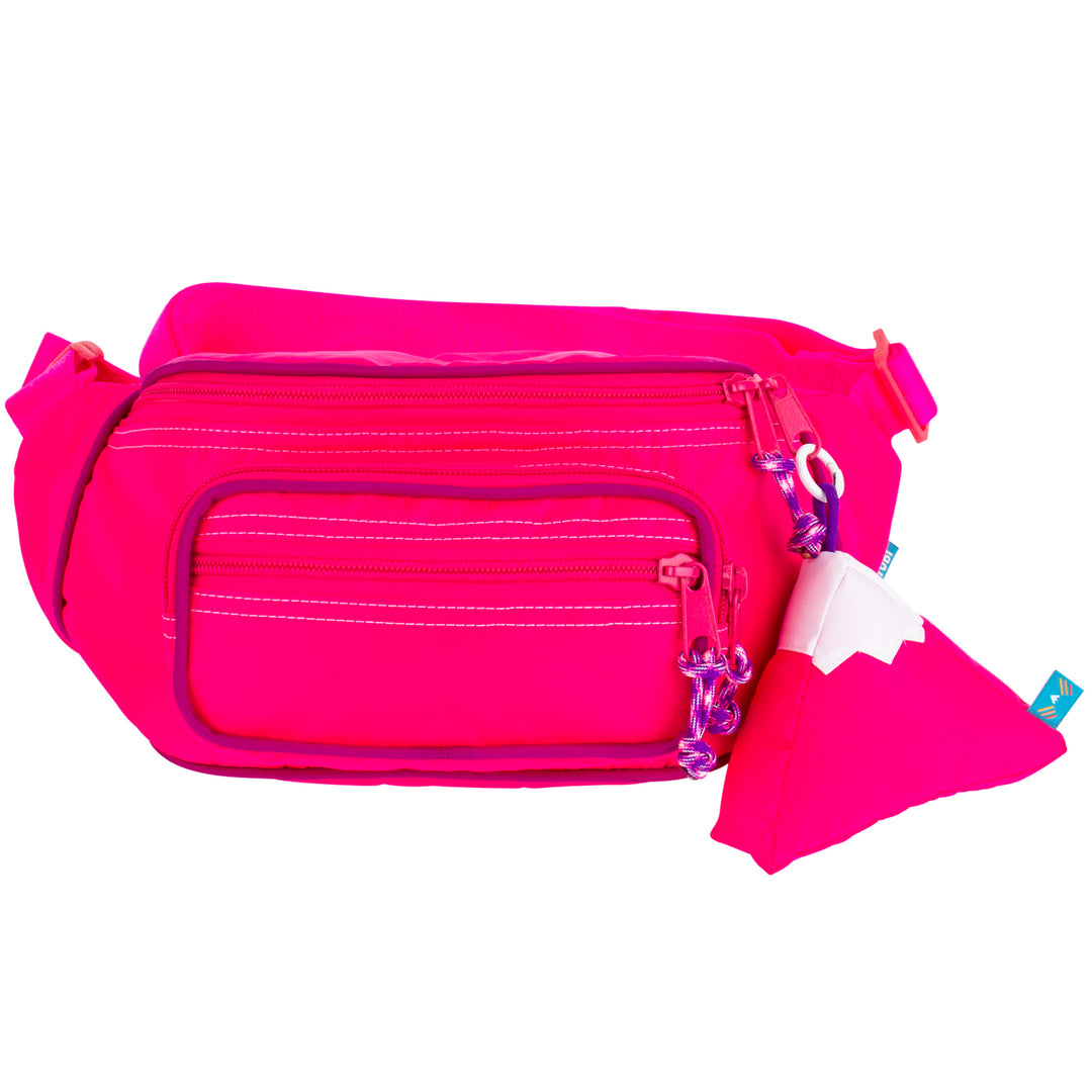 Large fanny pack sling in a hot pink color with a mountain design keychain