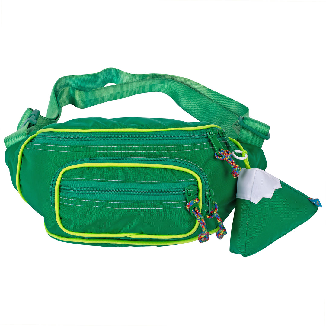 Large fanny pack sling in a green color with a mountain design keychain