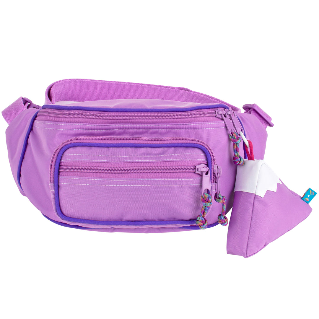 Large fanny pack sling in a lavender color with a mountain design keychain
