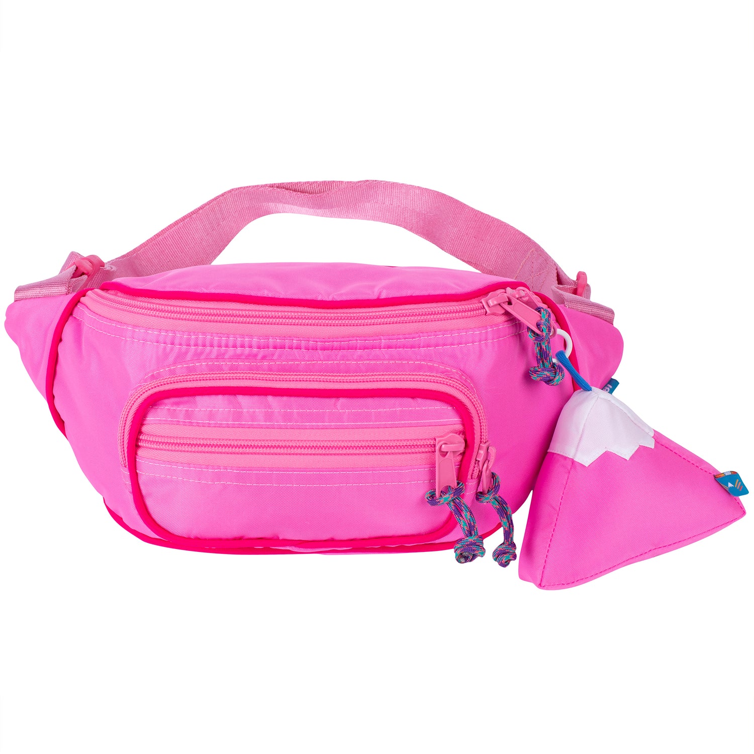 Large fanny pack sling in a light pink color with a mountain design keychain