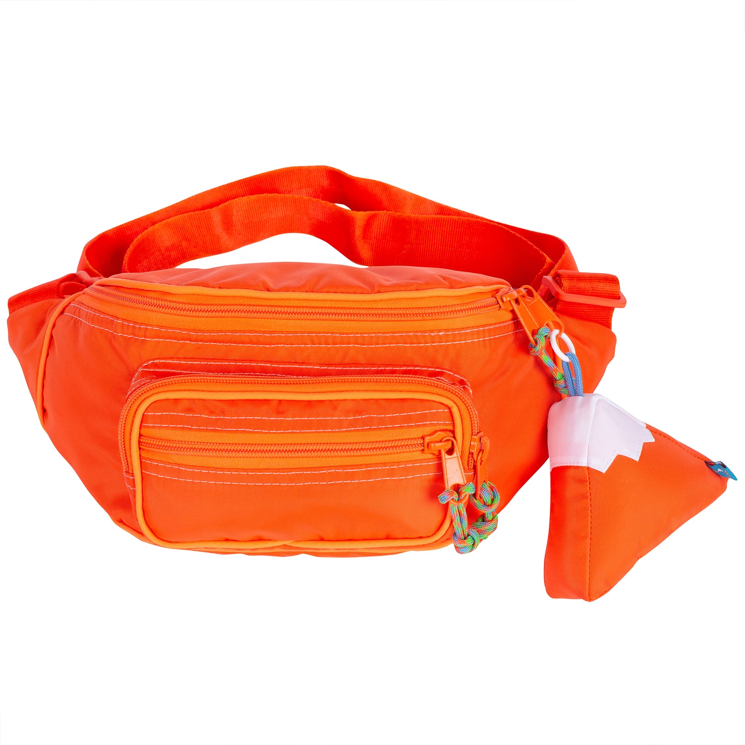 Large fanny pack sling in an orange color with a mountain design keychain