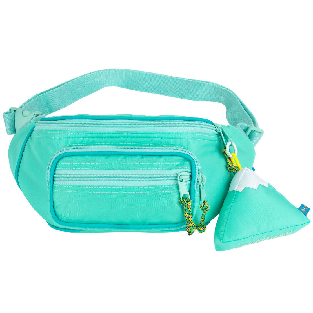 Large fanny pack sling in a mint blue color with a mountain design keychain