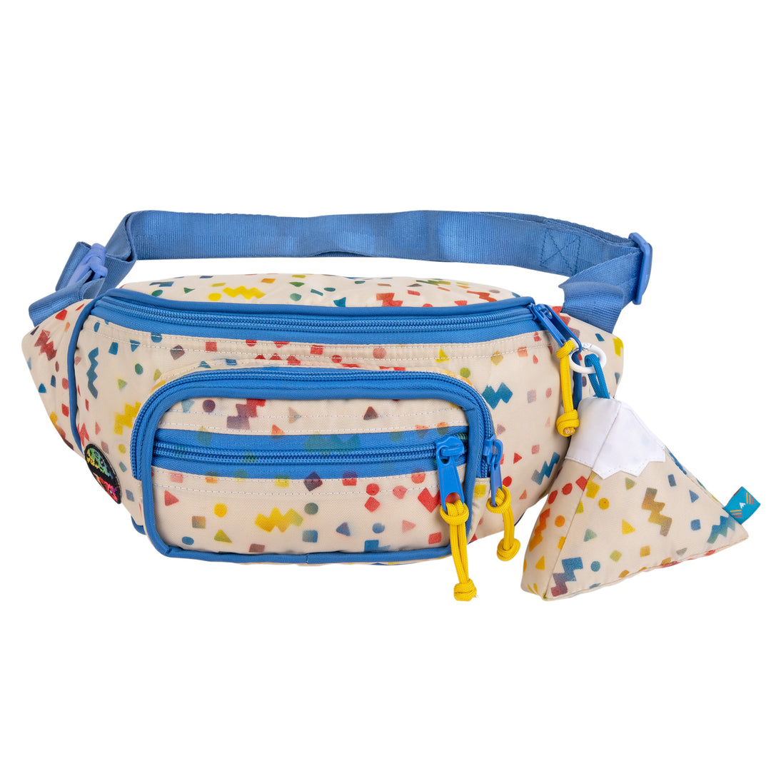 Large fanny pack sling in mostly white with colorful designs with a mountain design keychain