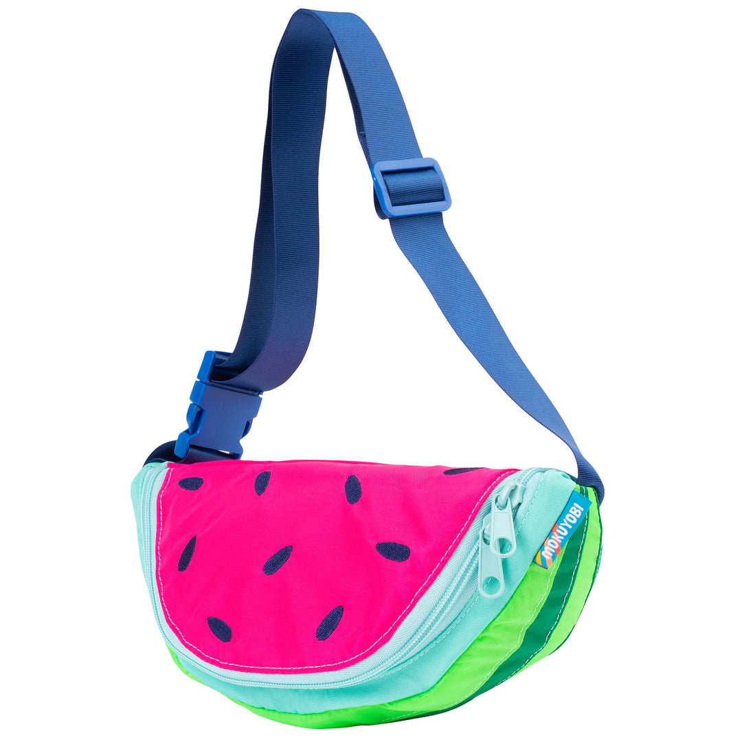 Watermelon fruit design fanny pack sling in various colors.