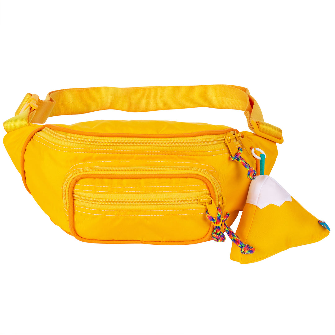Large fanny pack sling in a saffron yellow color with a mountain design keychain
