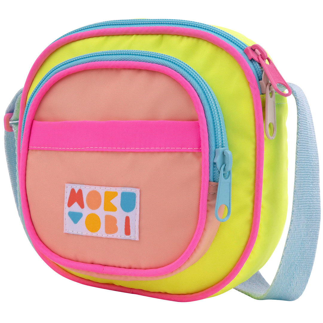 Semi circular, colorful retro bag with zipper pockets