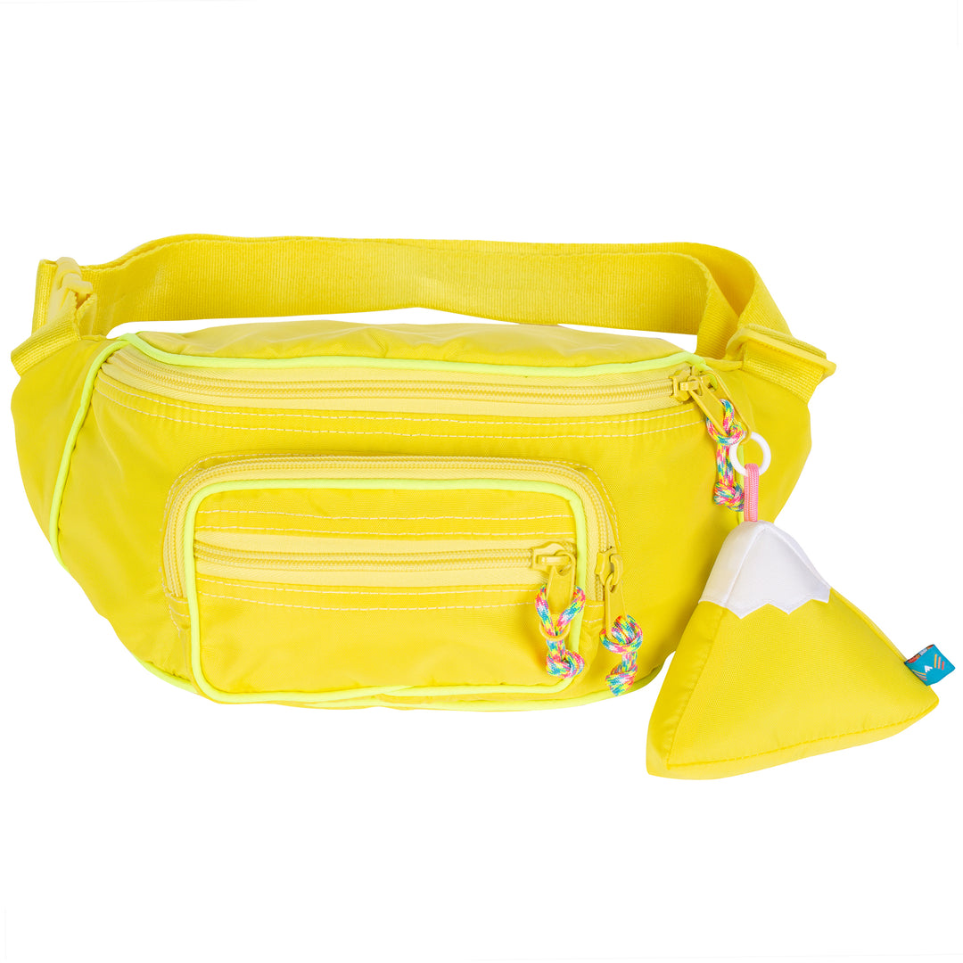 Large fanny pack sling in a neon yellow color with a mountain design keychain